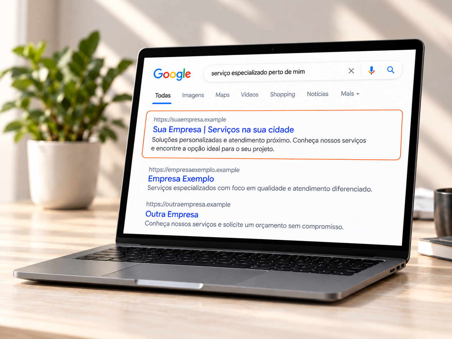 Notebook com simulação de busca no Google mostrando empresas fictícias